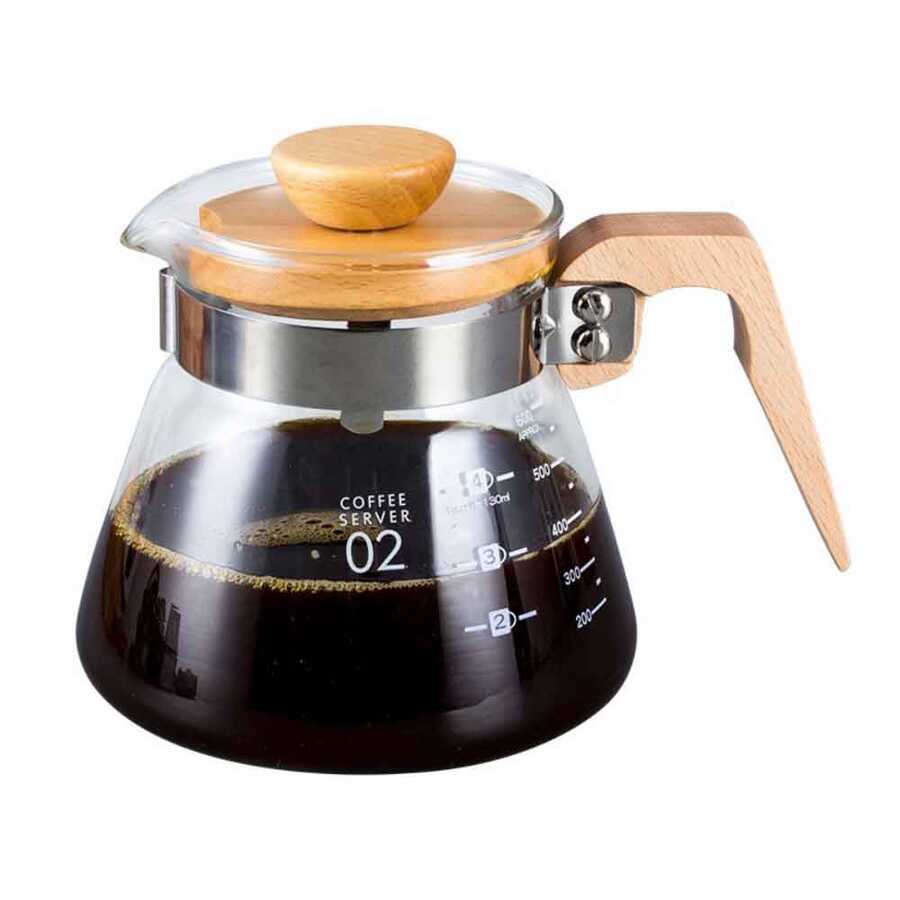 Epinox VCWN-60 600 ml Ahşap Saplı Borosilikat Cam Kahve Sürahisi – 4 Cup Ölçekli, Dripper Uyumlu